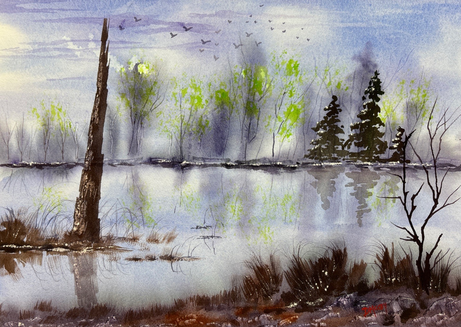 Vintage Original Nocturne Lake Landscape Watercolor Painting D. McCoy Signed