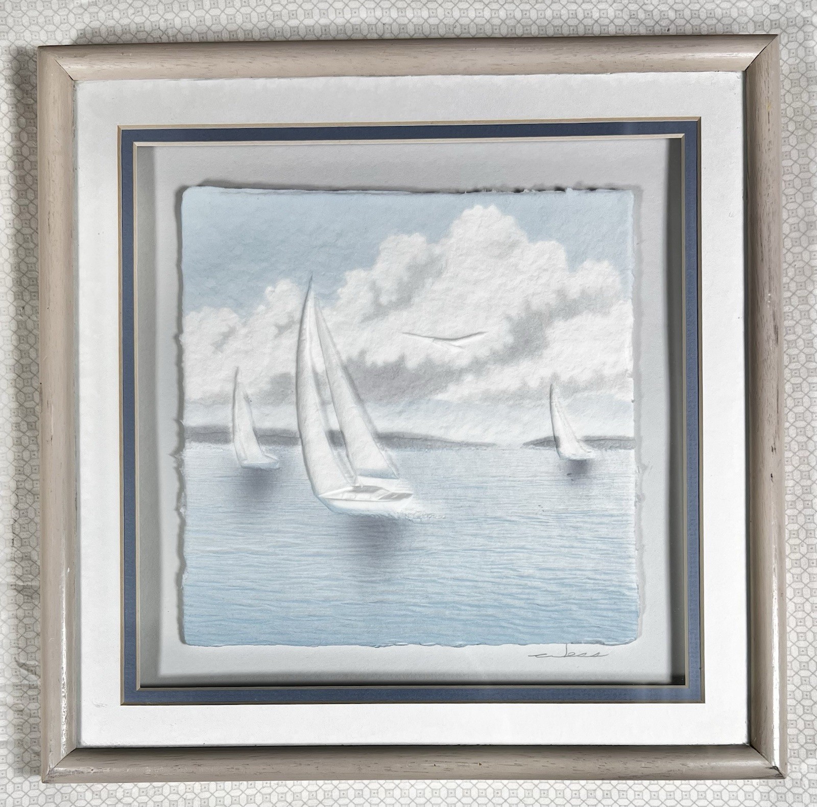 Vintage SIGNED Wess Smith Hand Cast 3D Paper Relief Sailboats Shadowbox Art