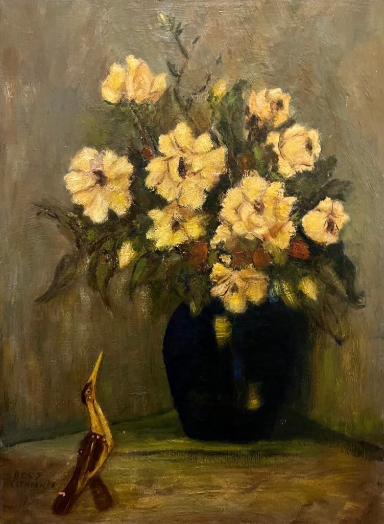 Old Oil Painting Still Life Floral Flowers Yellow Roses Canvas Art Signed Framed