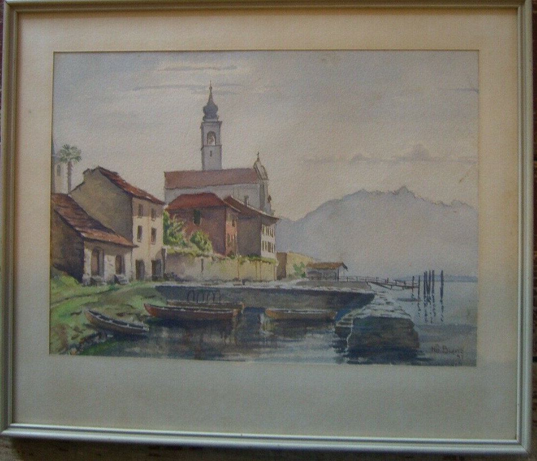 Bunz Church Lake Village Houses Sky Boats Summer Warm Southern Antique Signed