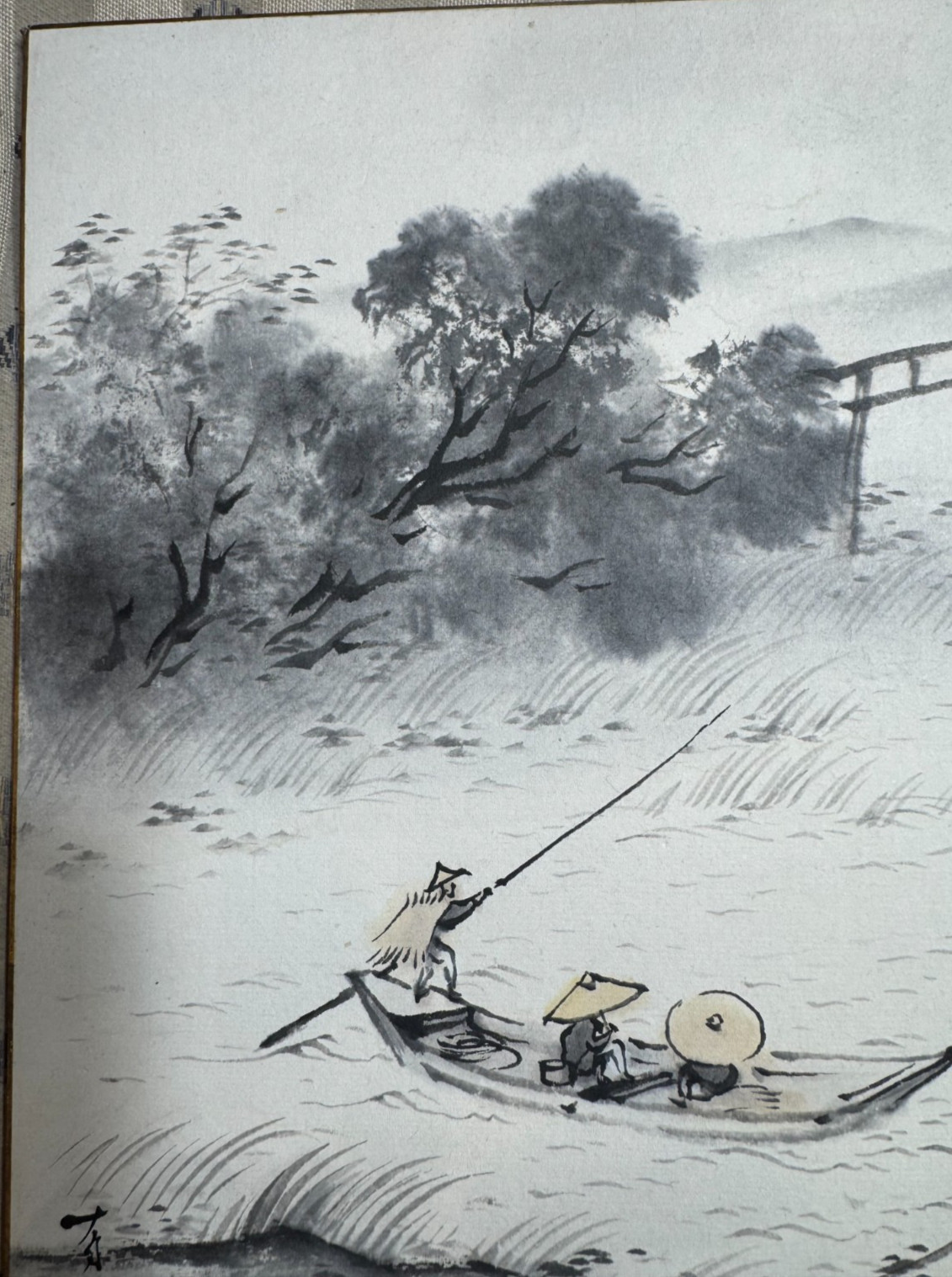 Vintage Japanese Sumi-e Ink Wash Shikishi Fishing Boat Torii Landscape Red Seal