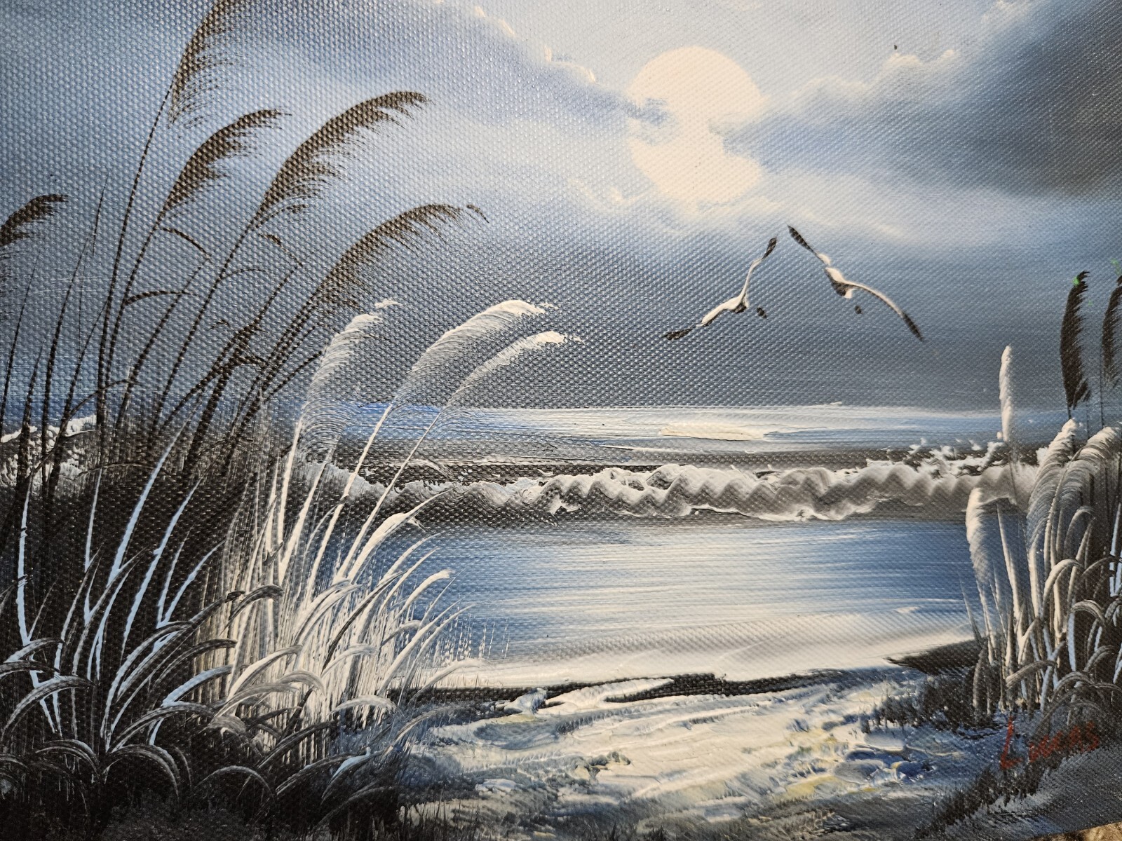 Signed Hand Painted Canvas Beautiful Beach Water Bird Tree 8×10 Painting Art