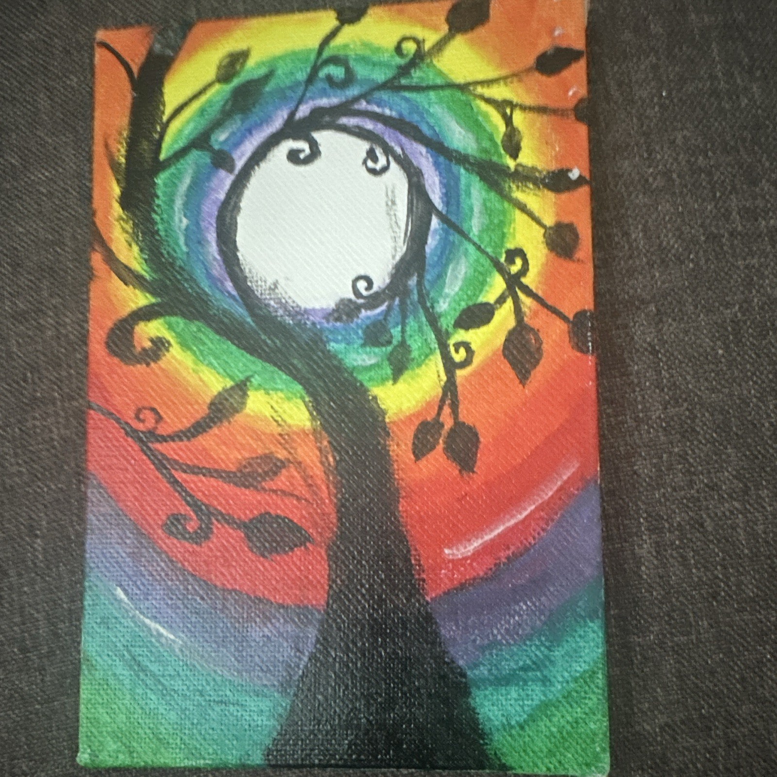 Abstract Tree & Moon Painting on Canvas, Unframed Nature Art