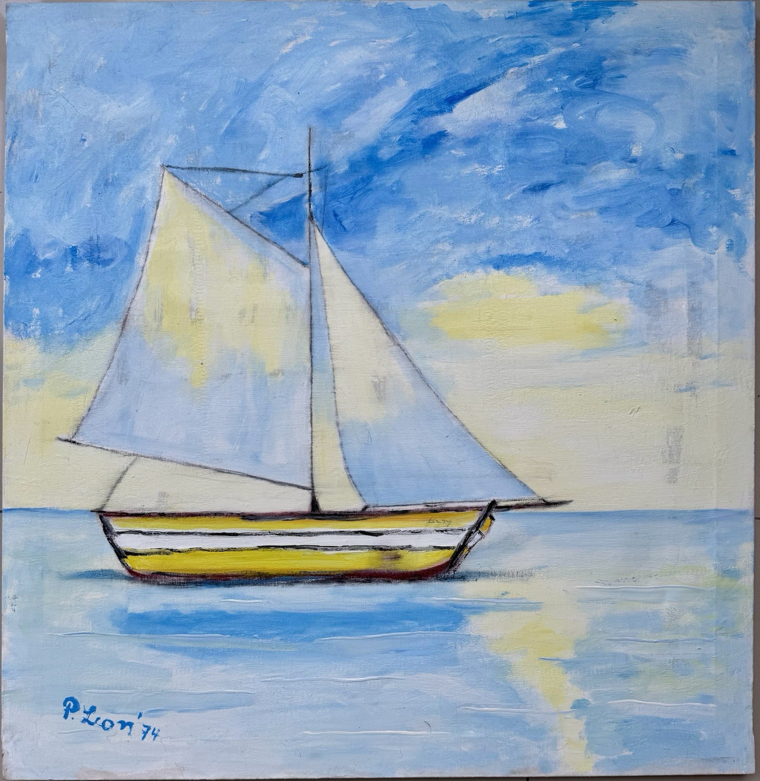 Original Vintage Maritime Landscape Painting, Decorative/Naive, Oil Painting Signed 1974