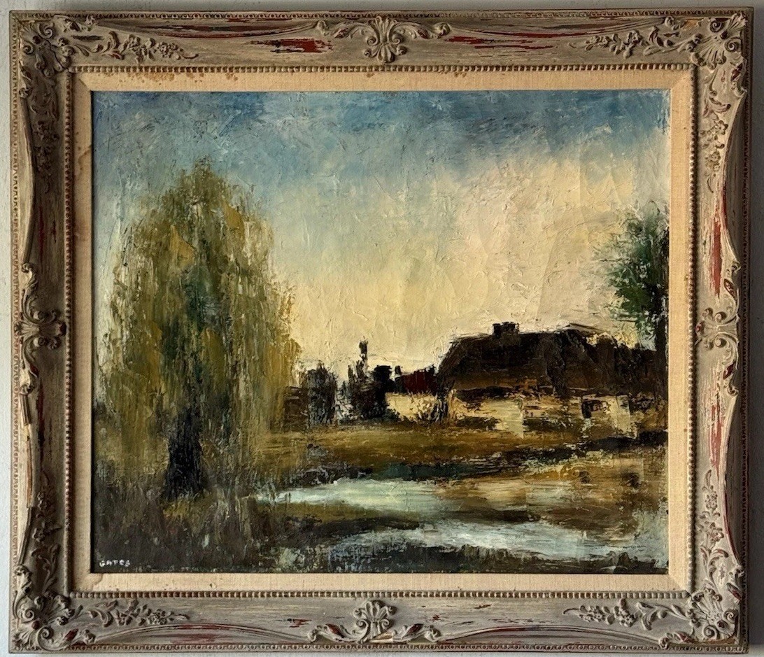 JACOB GATES ANTIQUE MODERN ABSTRACT LANDSCAPE OIL PAINTING VINTAGE NEW YORK 1943