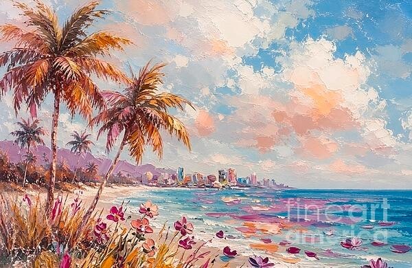 new hand made Painting on 24″*16″ canvas Tropical Beach in Pink light by Wendy