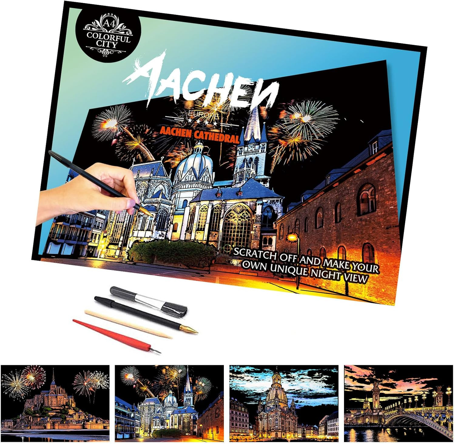 Glow in the Dark Scratch Art Paper，Engraved Landscape Scratch Painting Rainbow B