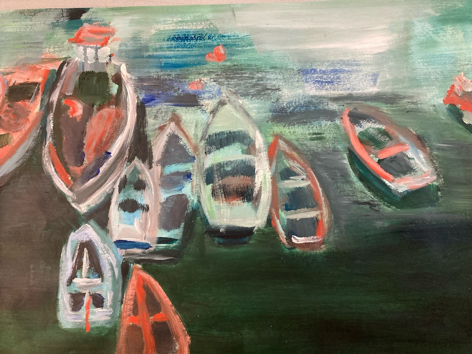 1970 Painting Gouache on Paper Barque Boat The Sea Marine to Be Identified