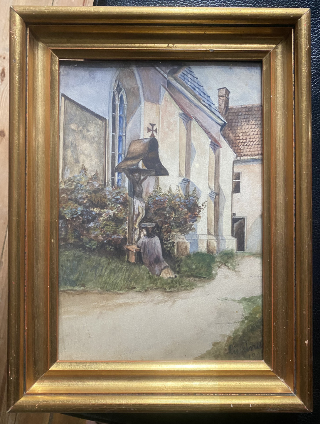 THEODOR LINDNER *1882 WATERCOLOR 1913 GOTHIC CHAPEL CHURCH WAYSIDE SHRINE SACRED