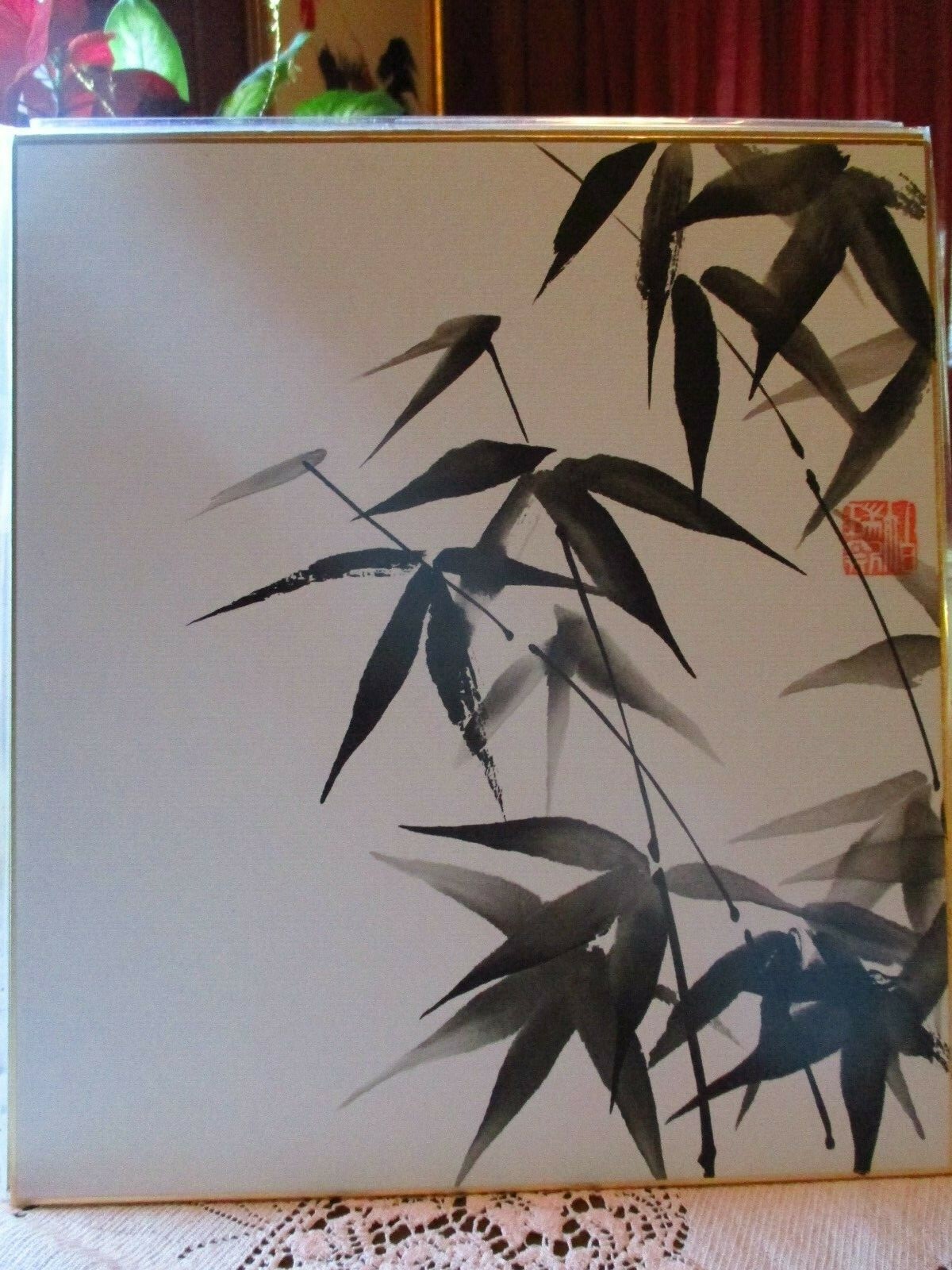Japanese ORIGINAL PAINTING Shikishi Asian style plants bamboo Oriental love card