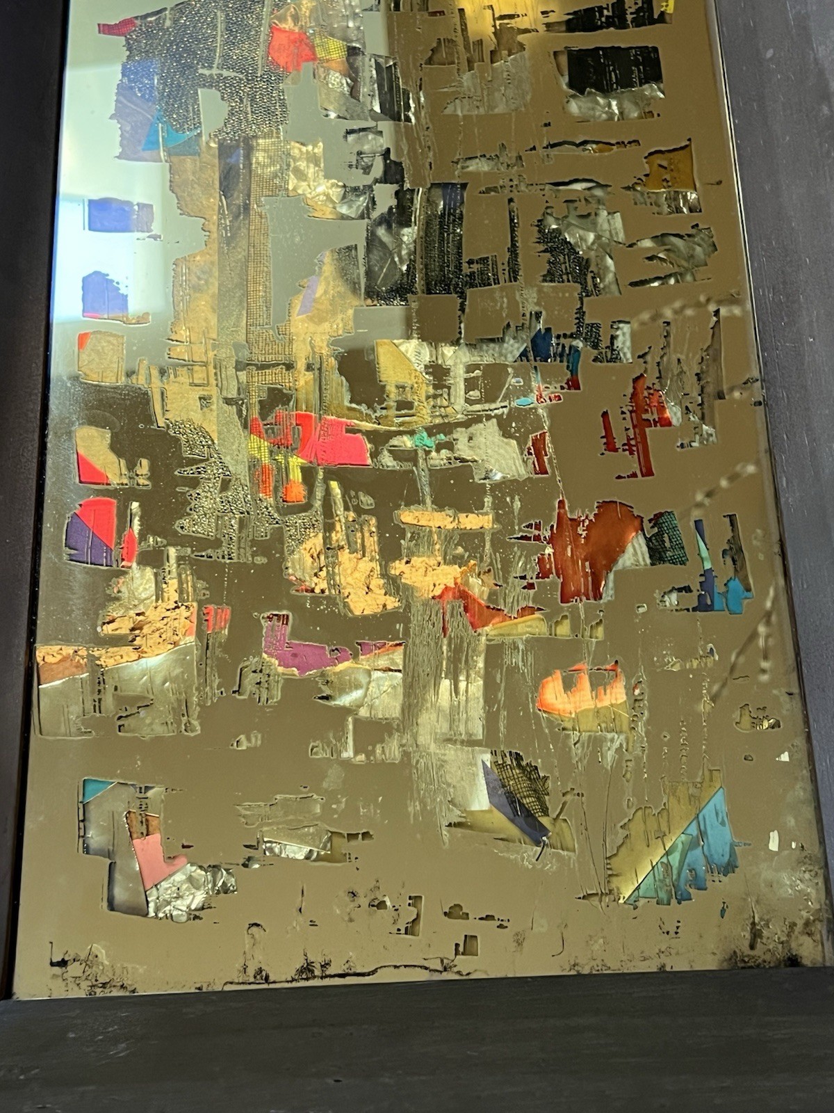 MCM Brutalist Reverse Glass Mirror Art Signed Mixed Media Wall Sculpture 25″