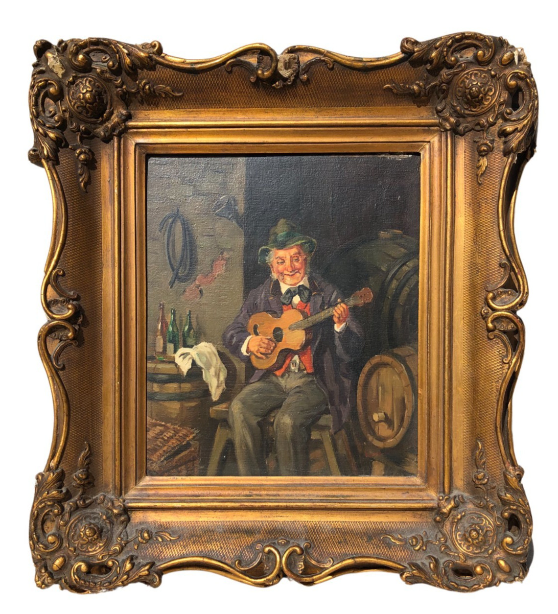 Antique Oil Painting Old Man Playing Guitar – Signed Kerner – Continental Tavern