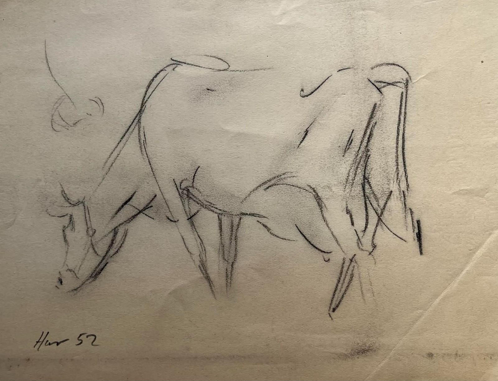 HARRY ROSENGRAVE AUSTRALIAN CRAYON «MILKING COW EATING» 1952