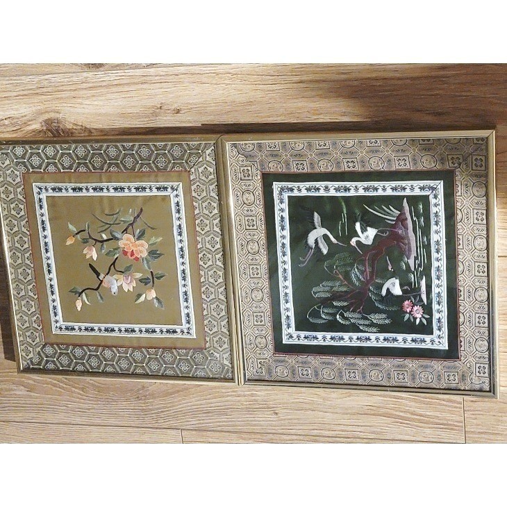 Vintage Framed Asian Silk Embroidered Art Pair Birds Flowers Wall Decor