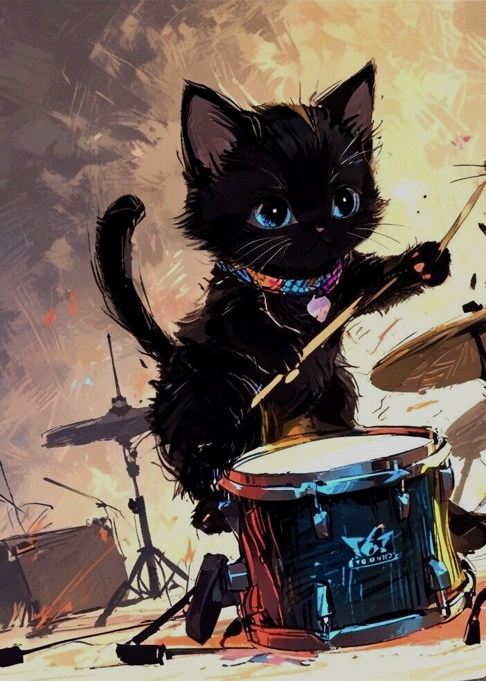 ACEO Mini *Art Print* Black Baby Cat Kitten Playing Drums/ Music by Saulite