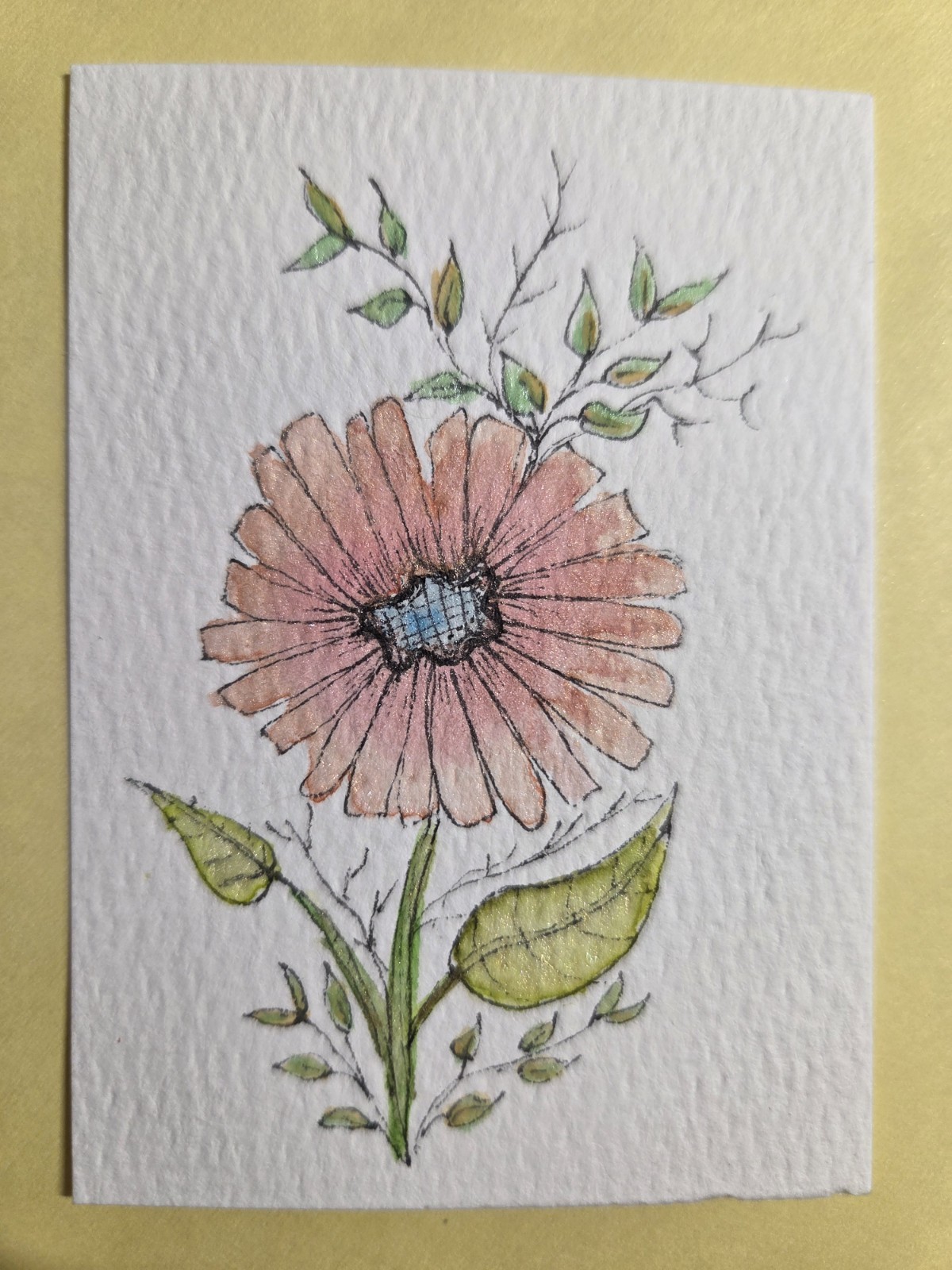 ACEO Original Floral Watercolor Art Peach Daisy Flower Painting OOAK 2.5×3.5