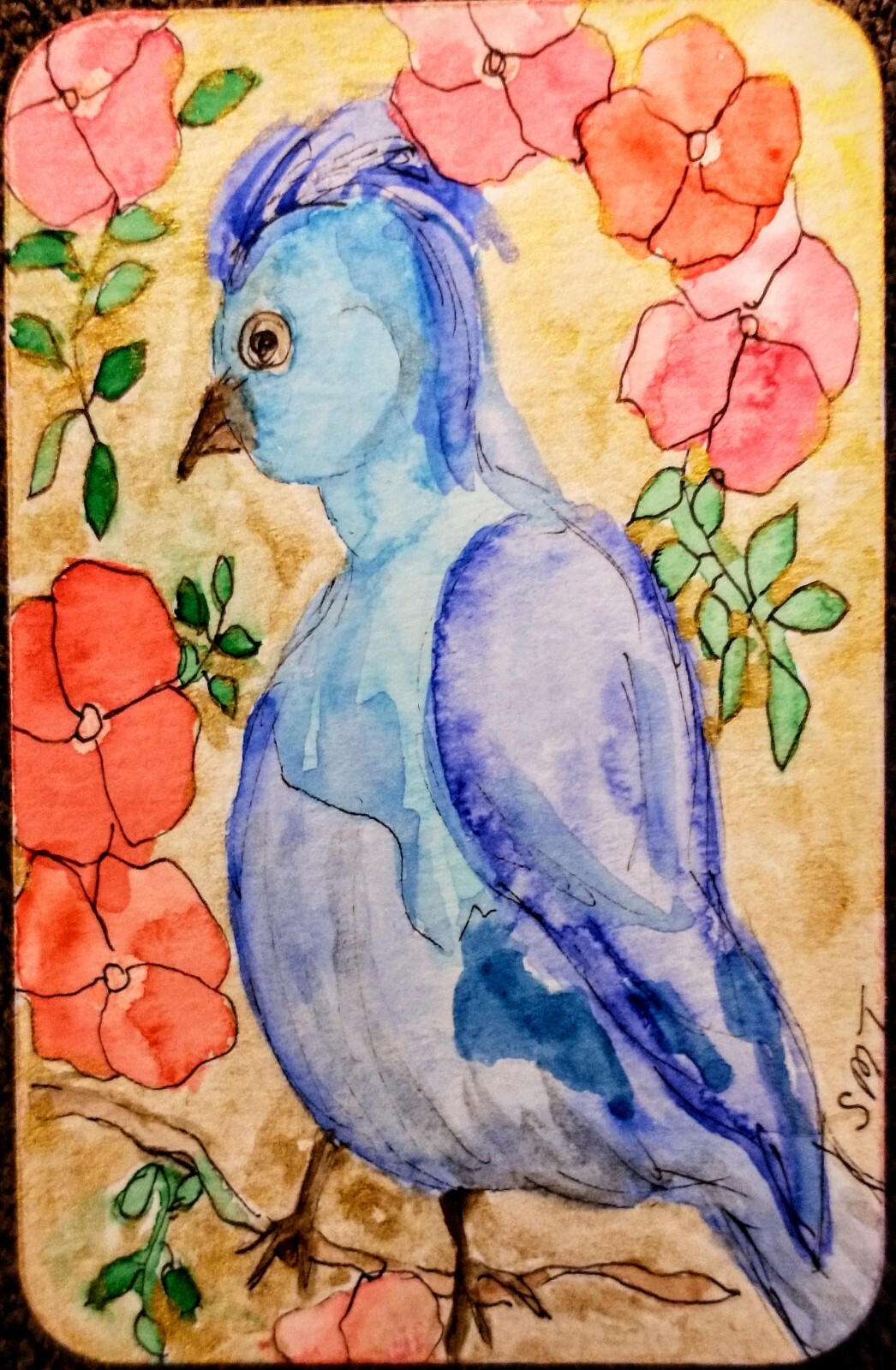 A cute whimsical Blue Bird ACEO ATC by Award Winning Artist Stacey Torres