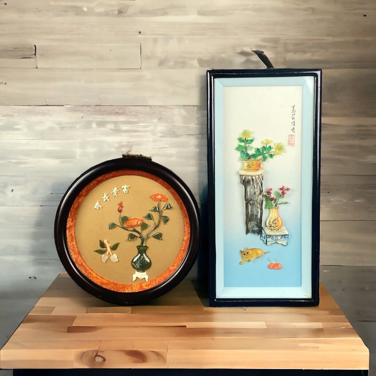 Set of 2 Asian Framed Art Shell Cutting Picture Swatow
