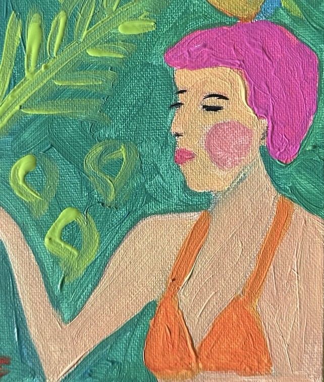 Original Woman in Bikini with Bird Painting 5×7 acrylic art pink hair