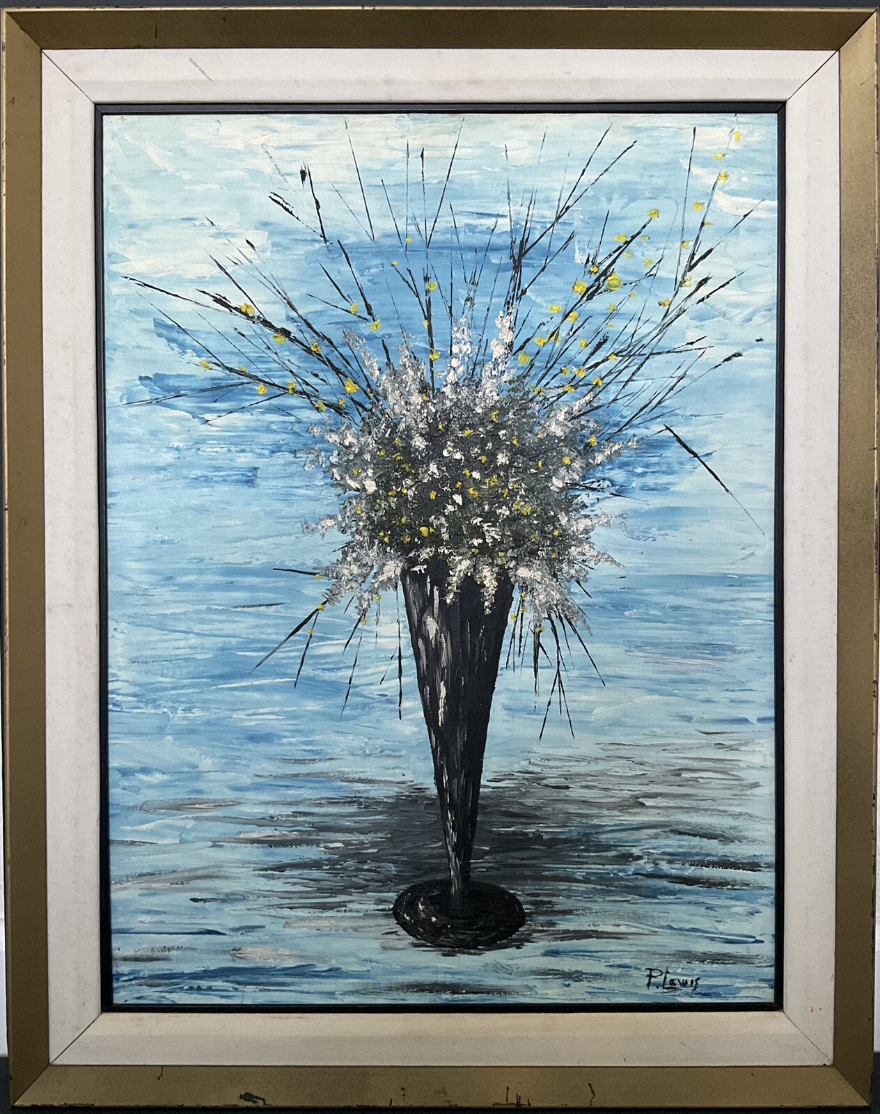 Vintage Ca.1972 Framed Still Life Floral Oil On Canvas Panel By Pat Lewis