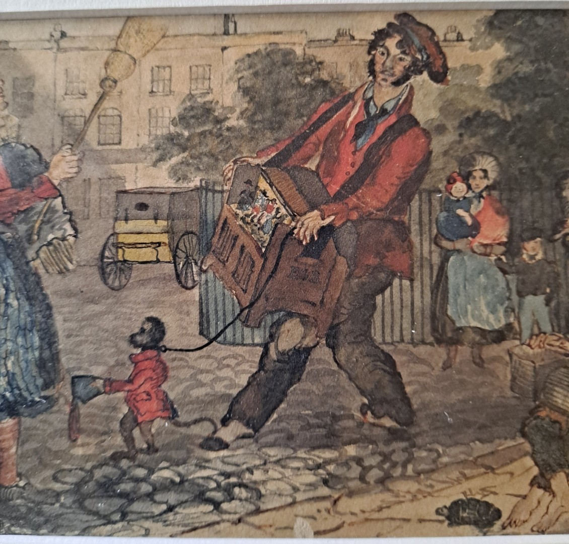 Antique 19c. Victorian Street Musician MINSTREL Monkey W/C Painting Hurdy Gurdy