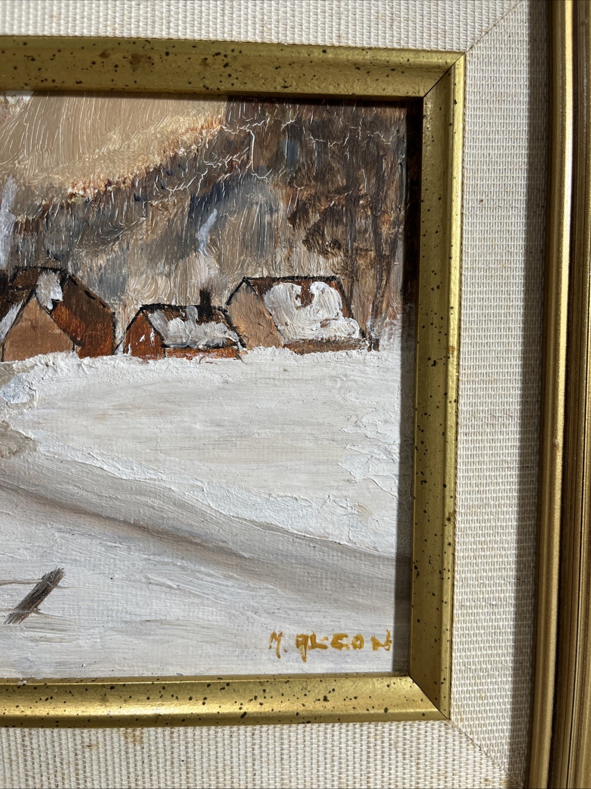 Framed Oil Painting Winter Snow Ice Scene Signed M. Alcon 10.5”x 9”