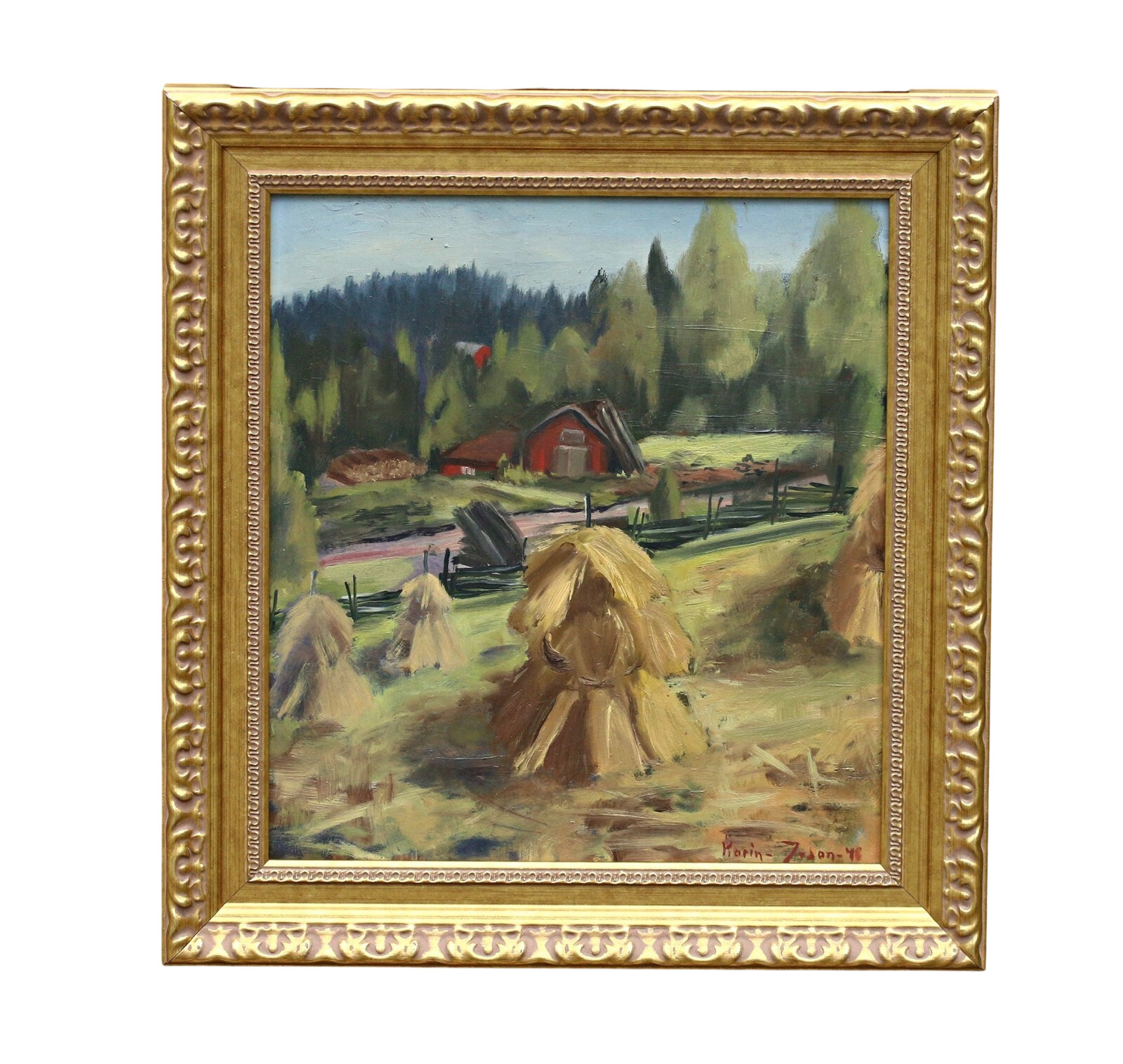 Sweden Realism Landscape Farm Painting, Oil on Canvas, Signed, Framed