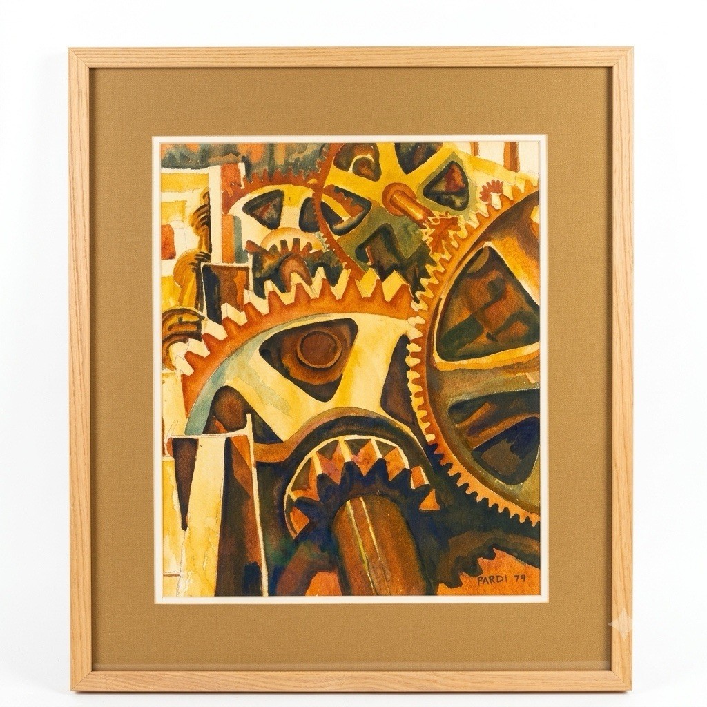Original Pardi Watercolor Painting Mechanical Wheel Gear Steampunk Art 70s MCM