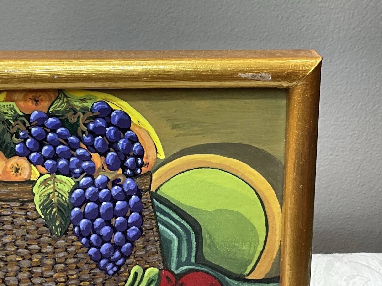 Signed MG Peace Haitian Folk Art FRUIT Acrylic on Board Painting 13” In Frame