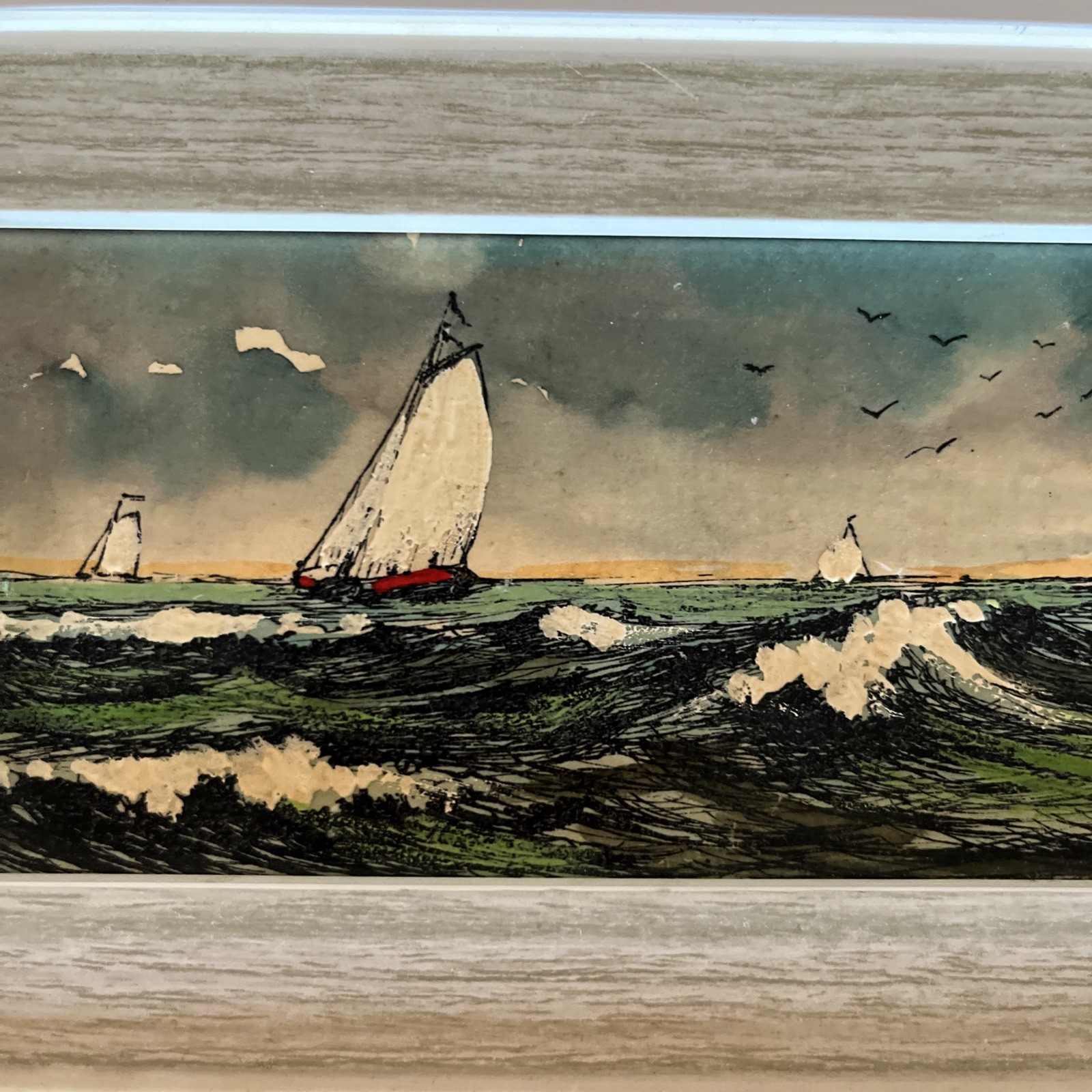 Vintage Framed Oil? Acrylic? on board Painting Miniature 4”x 8″ Sailboats Ocean