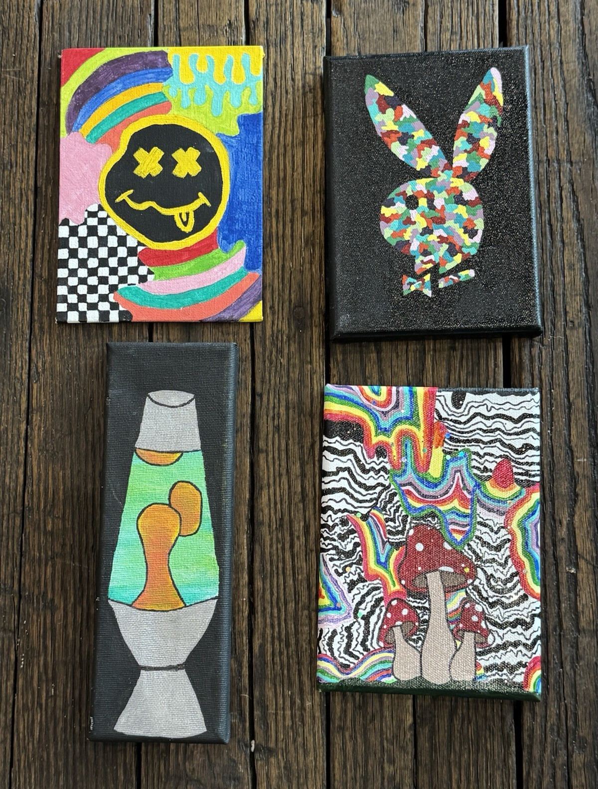 Lot of 4 Small Canvas Paintings Psychedelic Smiley Bunny Mushroom Lava Lamp