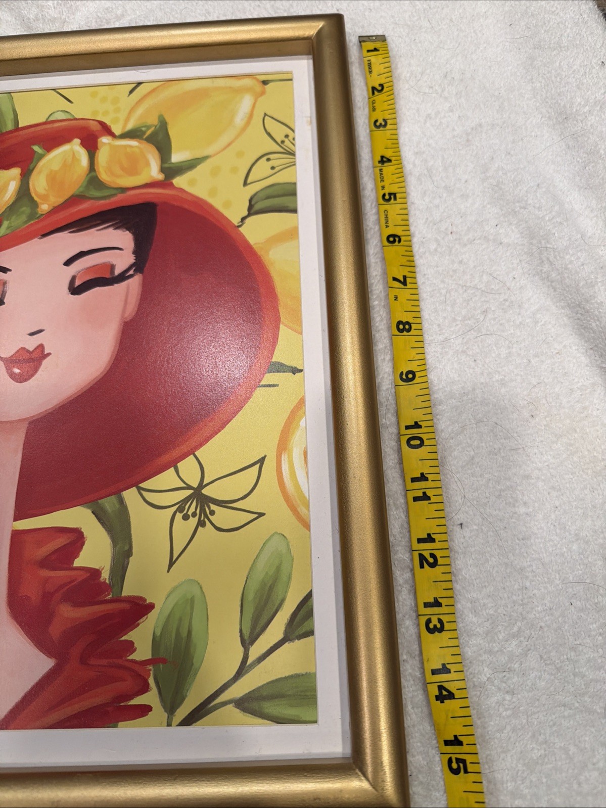 Jacque Pierro Lemon Lady Portrait in Gold Frame Bright Yellow Background 16″ H