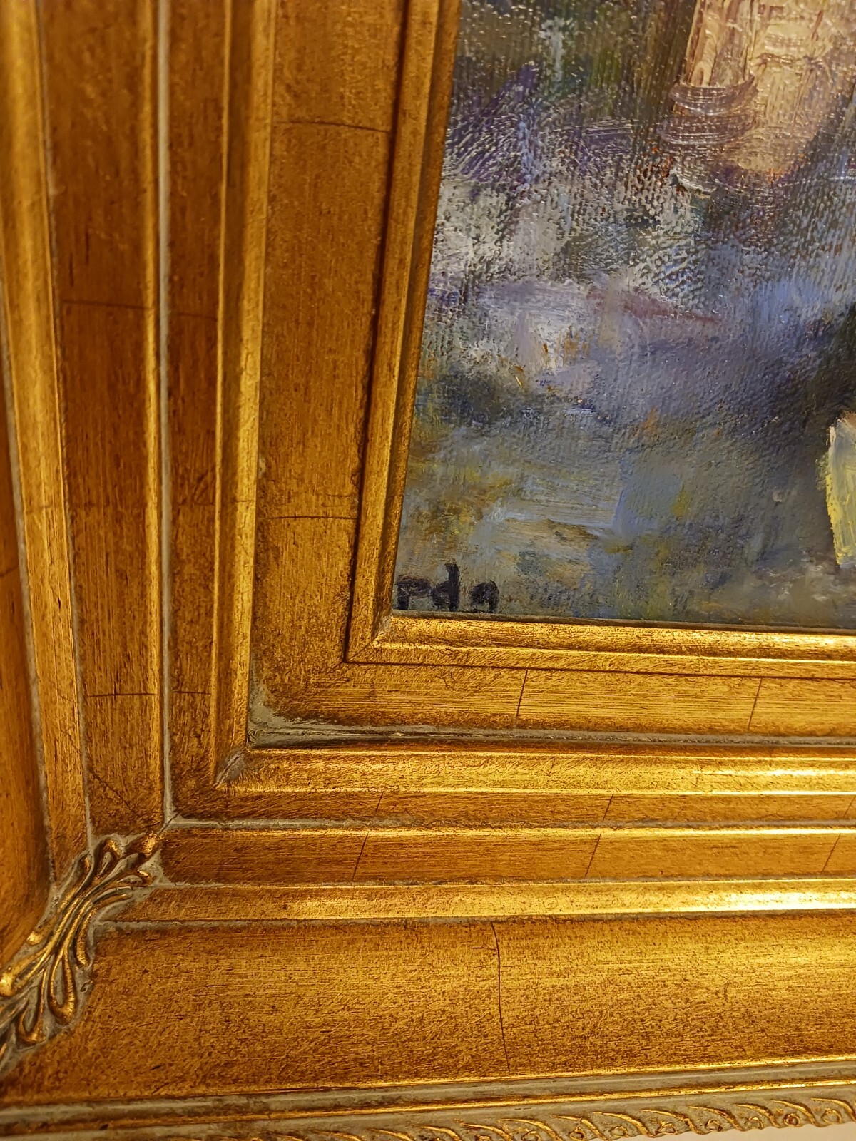 Vintage sailboat painting ,impressionism gold gilt frame, signed initials l.r.