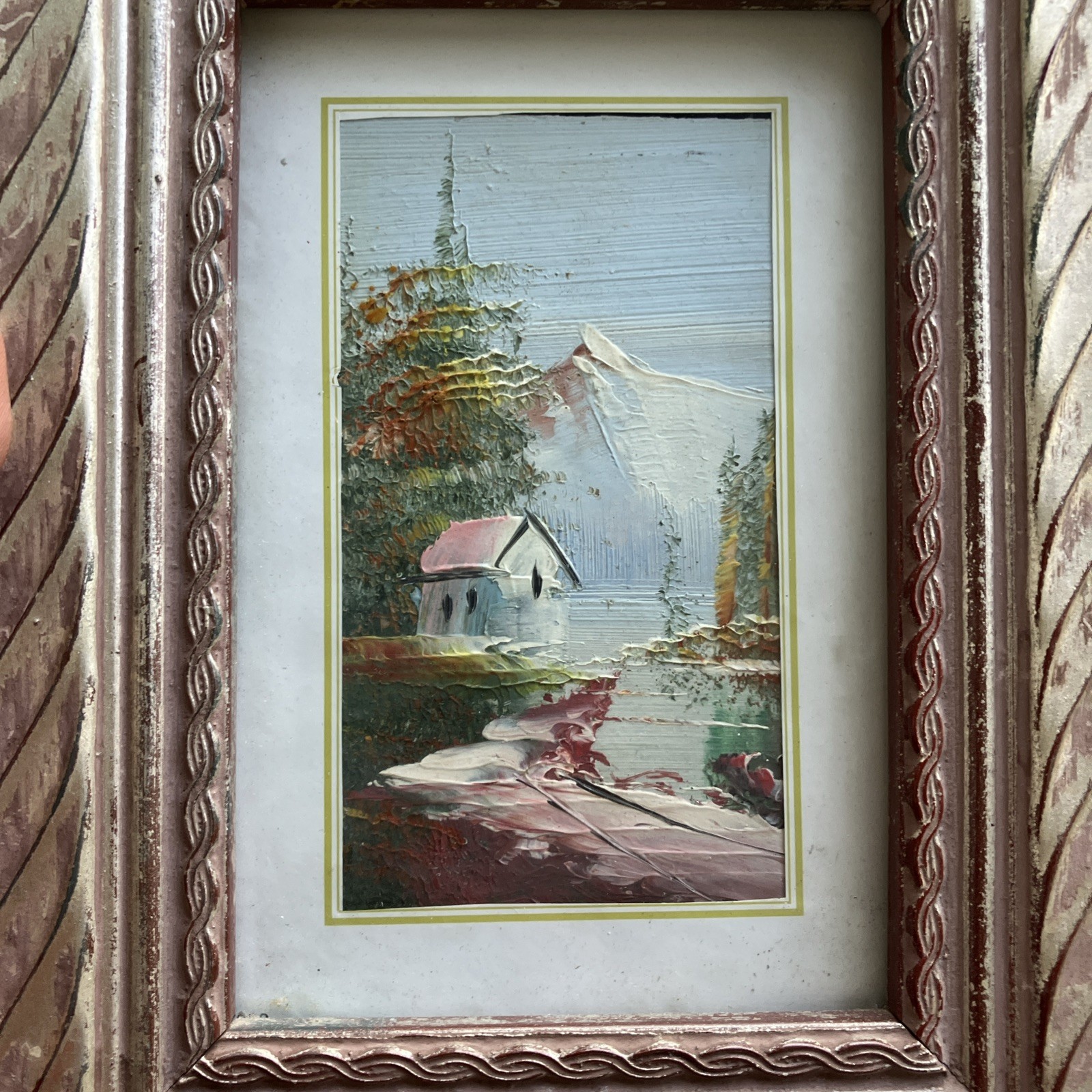 Vintage Miniature Oil Painting 3.5 In x 5 In Framed Nature Mountains Landscape