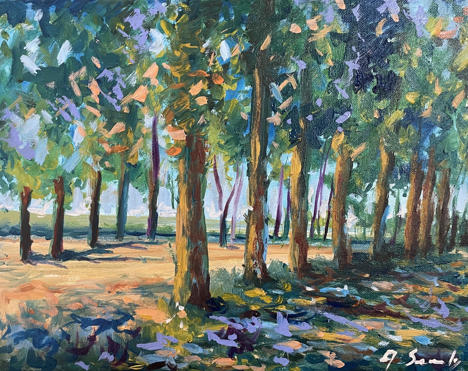 Original Oil Painting 11×14” Sunlit Forest Impressionist Landscape A Semberecki