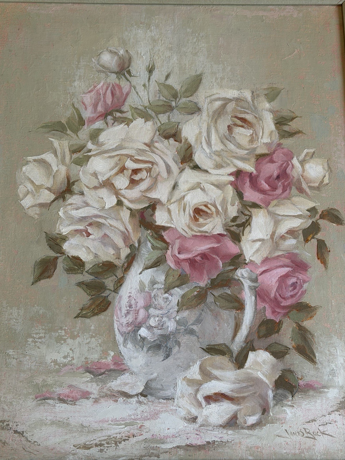 SHABBY CHIC ROSES IMPRESSIONIST Original Oil Signed LISTED Artist James E Buck