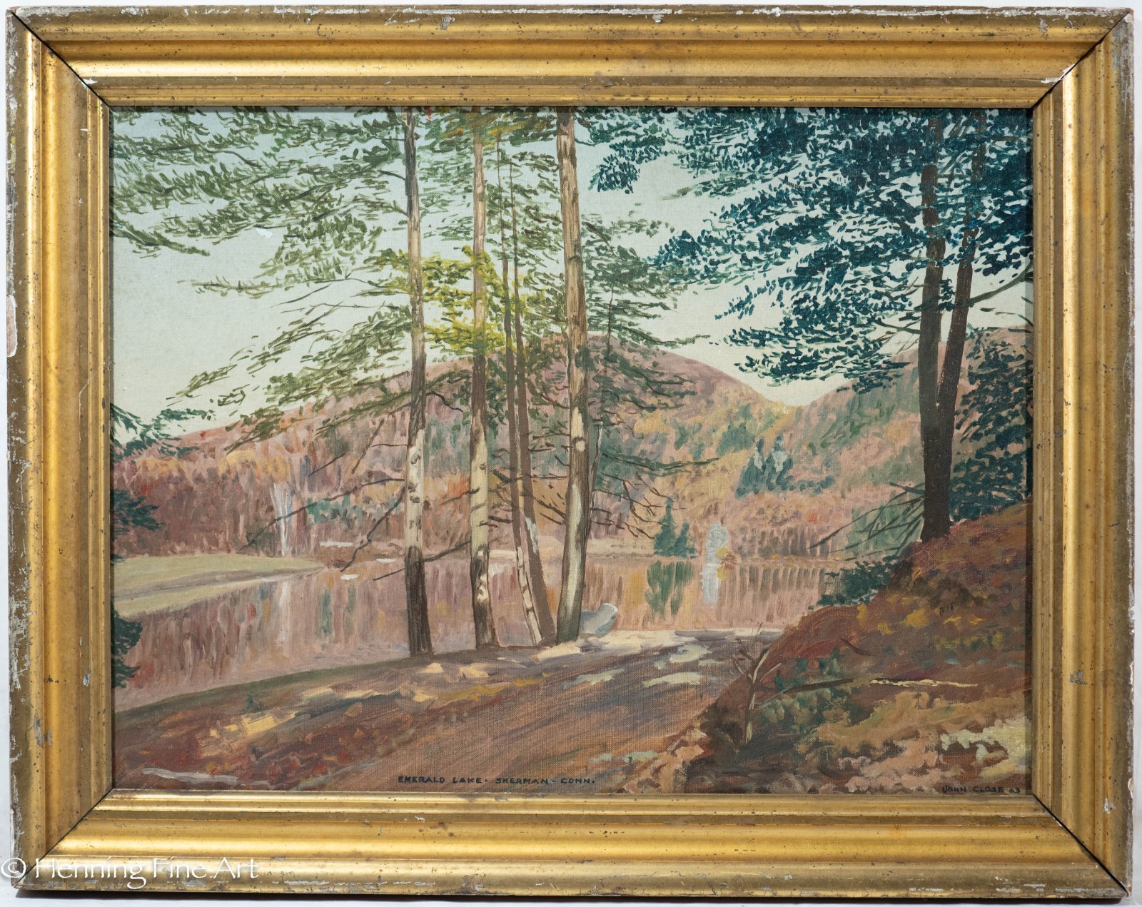 Vintage Oil Painting Emerald Lake Sherman Connecticut Landscape John Close 22×28