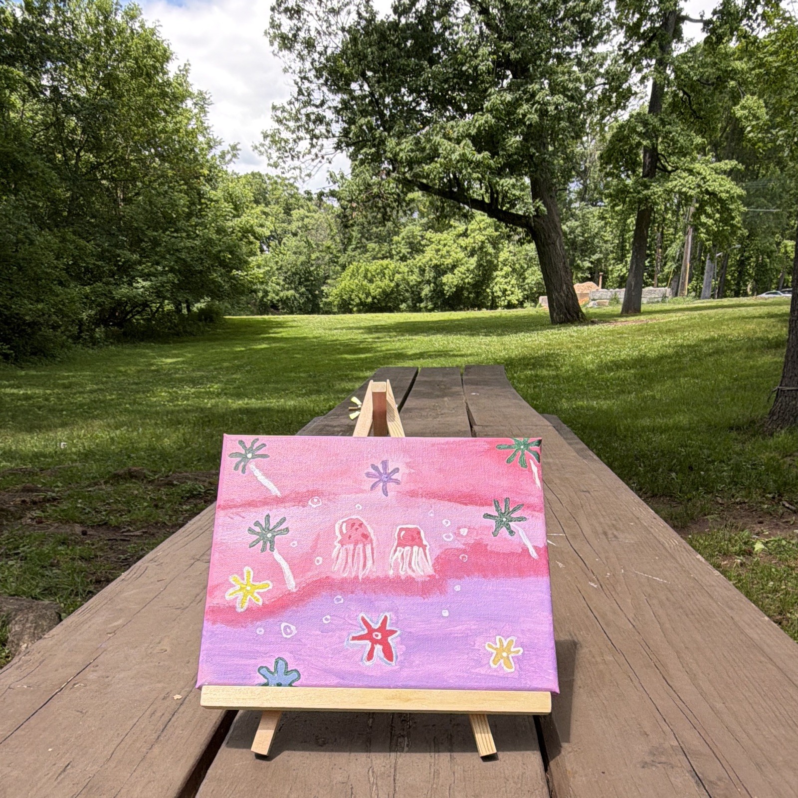 Hand-Painted Pink Purple Jellyfish Canvas Painting Naïve Art Small Easel