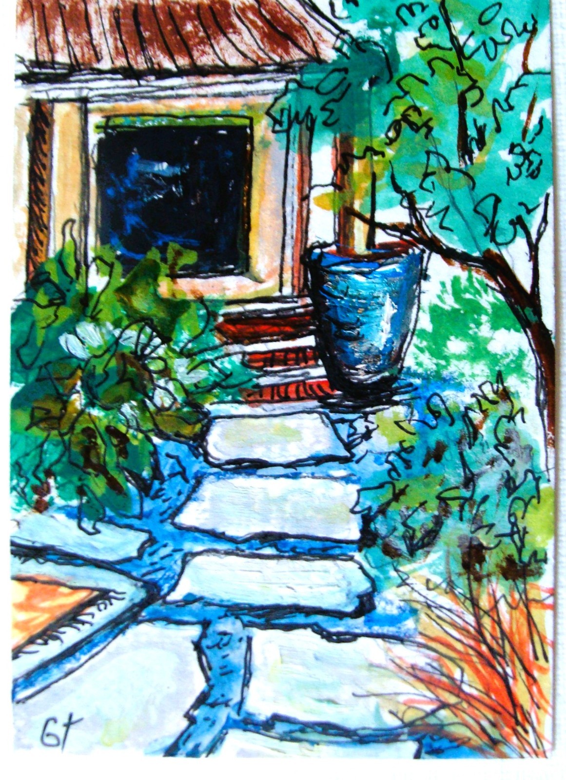 Original watercolor and ink painting on paper ACEO art flagstone path Tarrantts