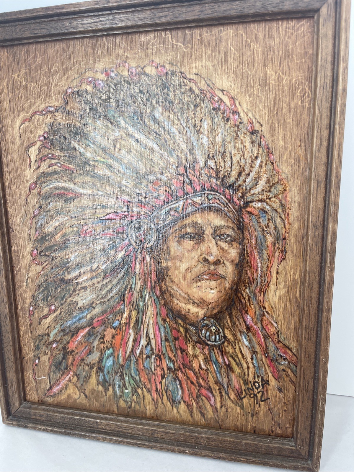 Native Sioux Indian Chief Etched Painting Sitting Bull On Wood 15×12” Vintage