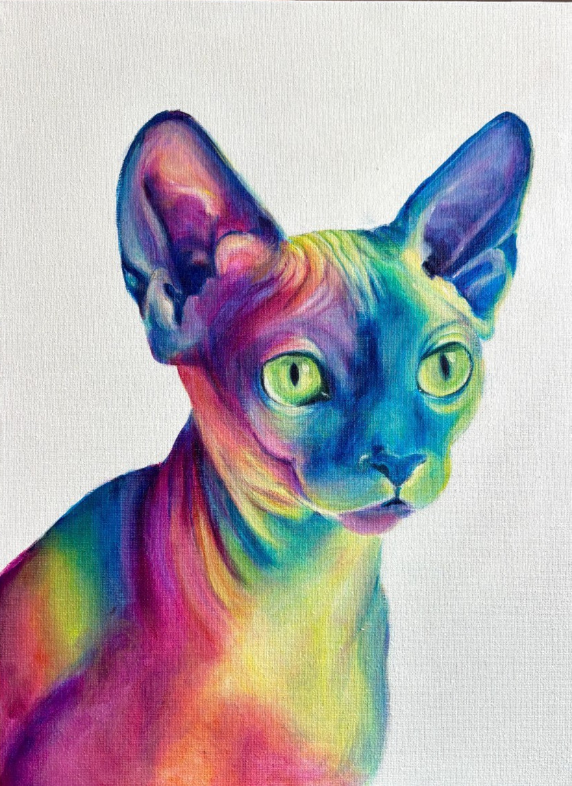 Original Art, Sphynx Cat Painting, Abstract Rainbow Kitty, Handpainted 12x16inch