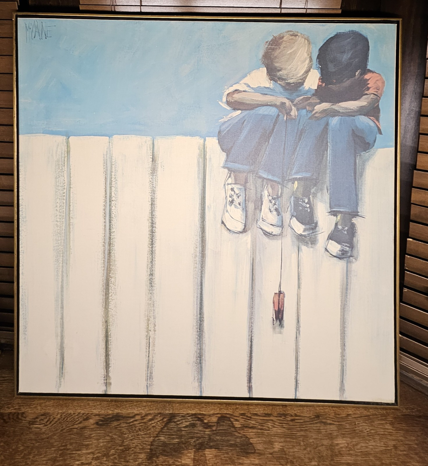 1960s Vintage Robert McCaine MCM Canvas Painting Boys on Fence Signed Large