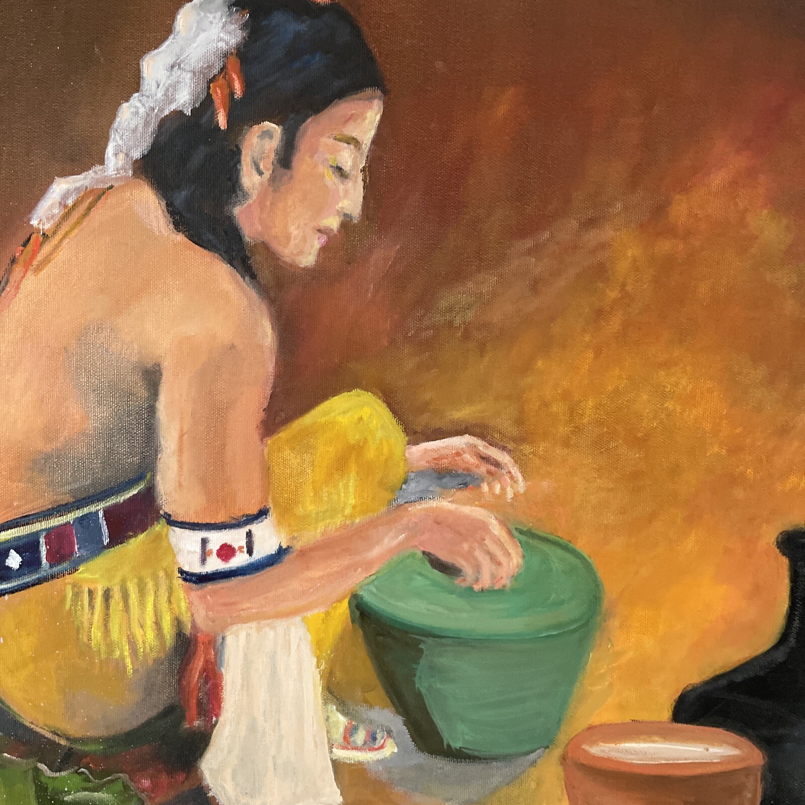 Vintage Impressionist Painting 24×18″ Native American Figural w Pottery signed