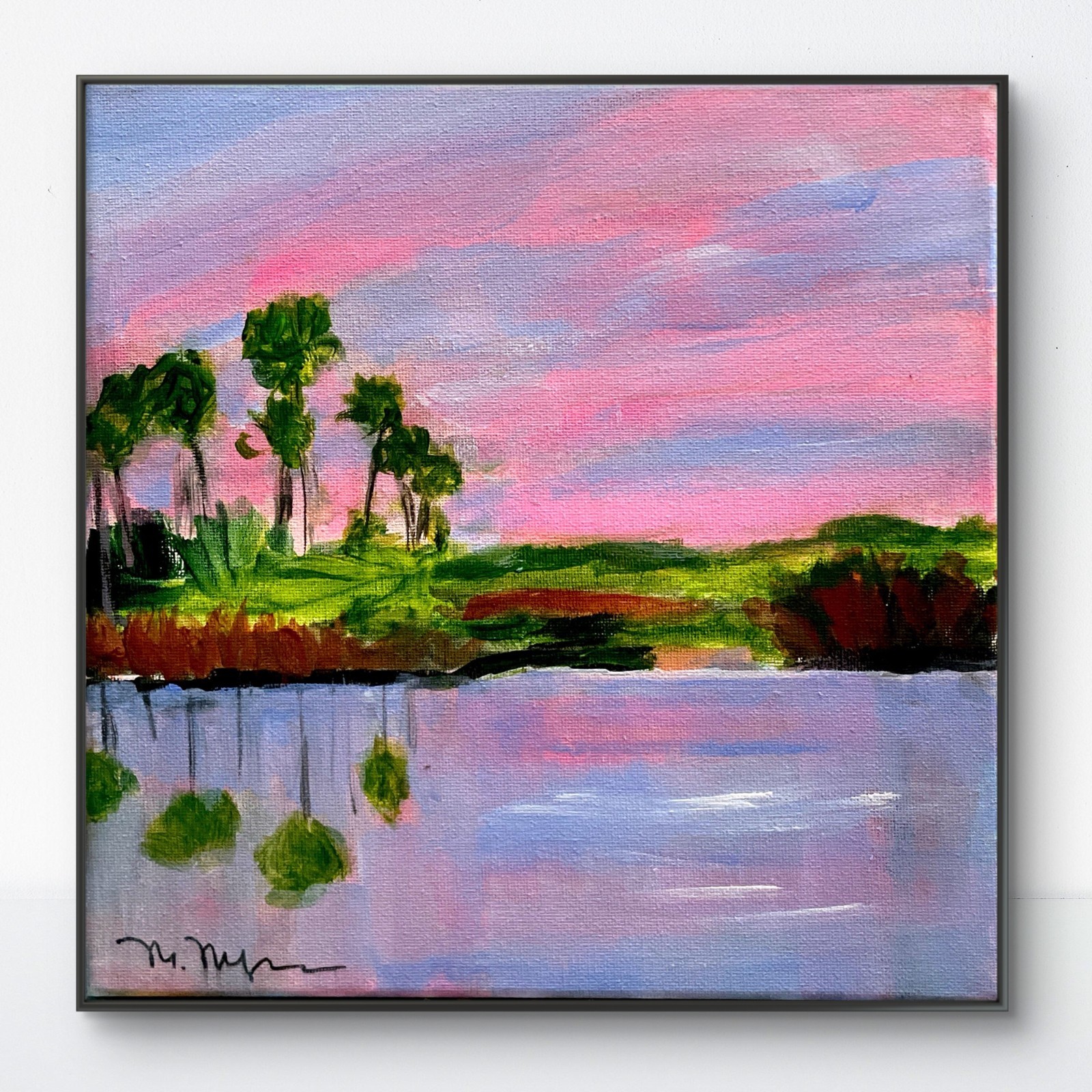 Mary Myers Original Abstract Expressionism 10×10 Pink Sunset Palms Reflection