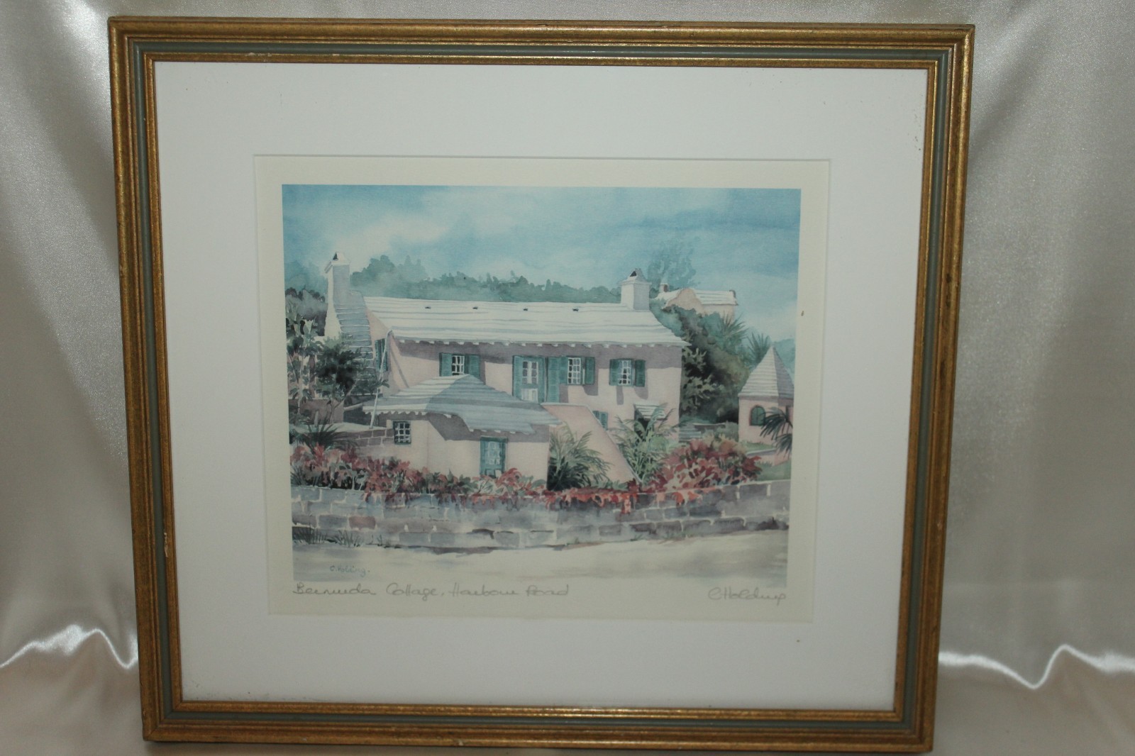 Framed C. Holding Signed BERMUDA COTTAGE HARBOUR ROAD Watercolor Print