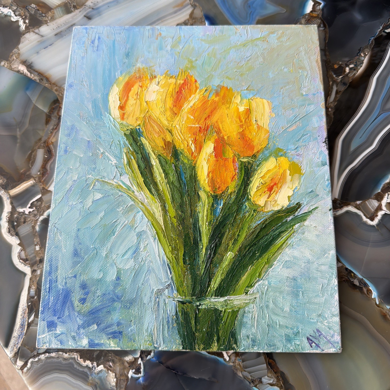 Original Signed Artwork HandPainted Yellow Tulip Flowers Painting10”x8”on Canvas