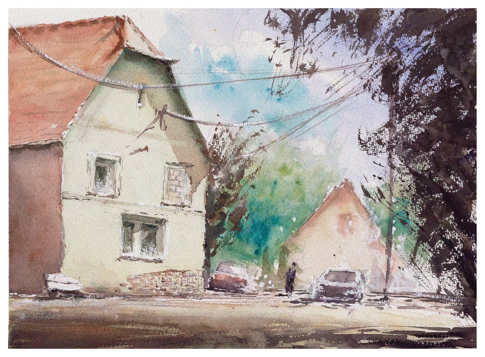 310 Original Aquarell Gemälde Malerei impressionistisch Landschaft Weite Dorf 
