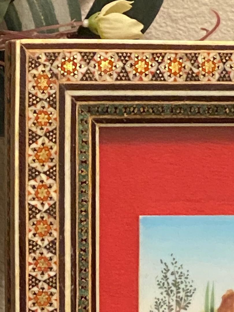 Persian Hand Painted Camel Bone Artwork in Wood Khatam Marquetry Frame Folk Art