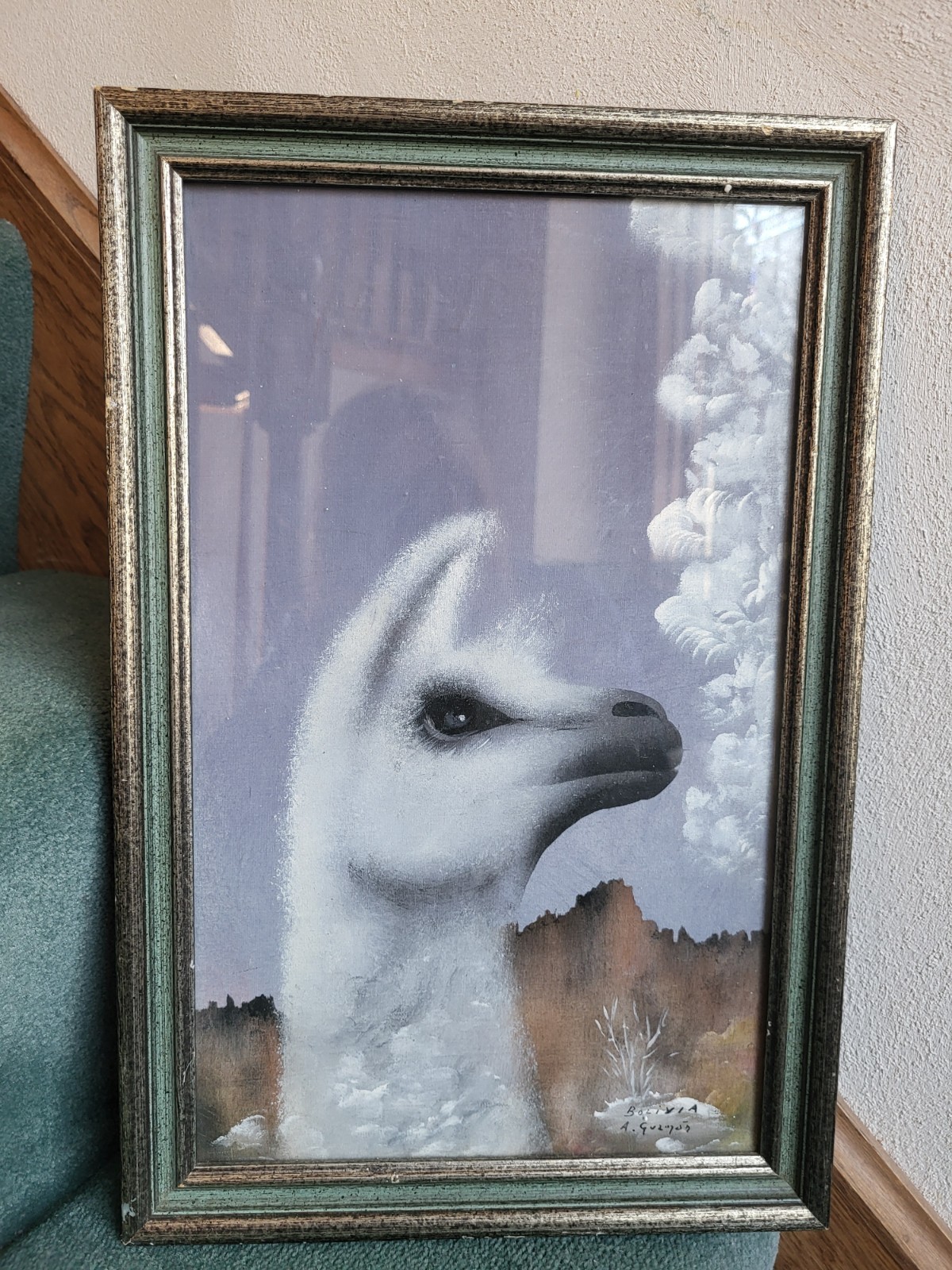 Vintage Signed A. GUZMAN BOLIVIA Oil? Painting Llamas/Alpaca Mountains 16″x10.5