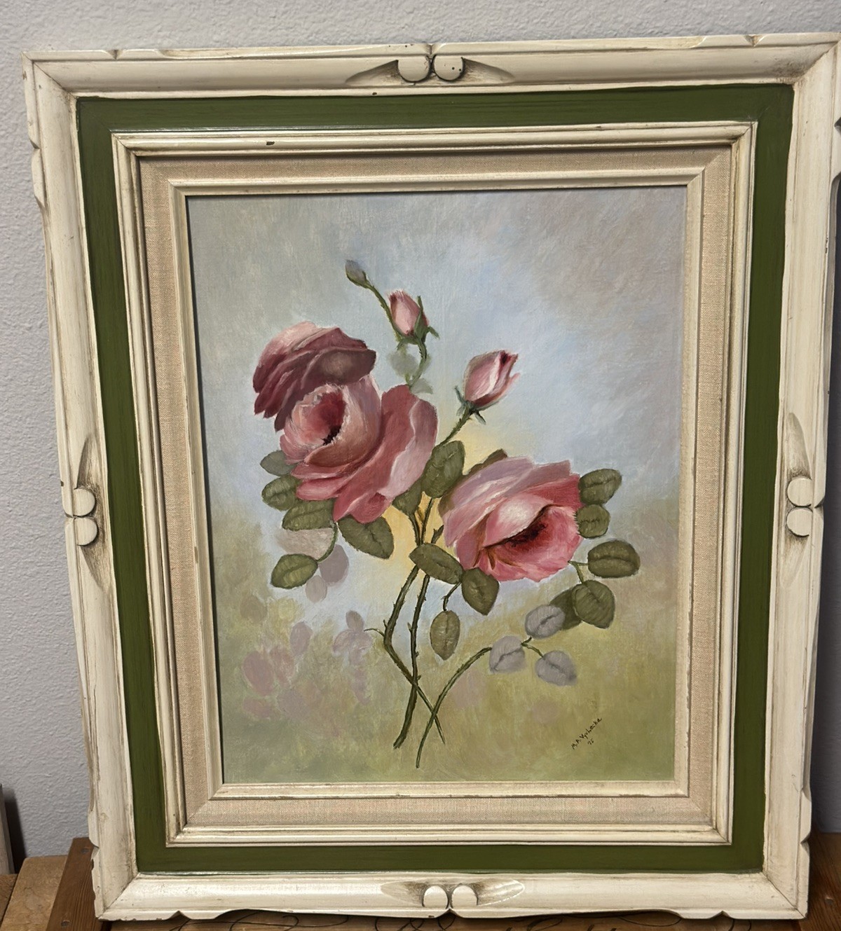 Vintage Old Antique Rose Oil Painting Pink Roses 1975 Signed by artist 21.5×25.5